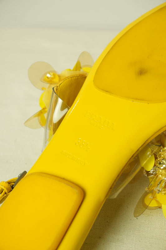 Prada Flower Enamel Yellow Sandals Sz 38.5