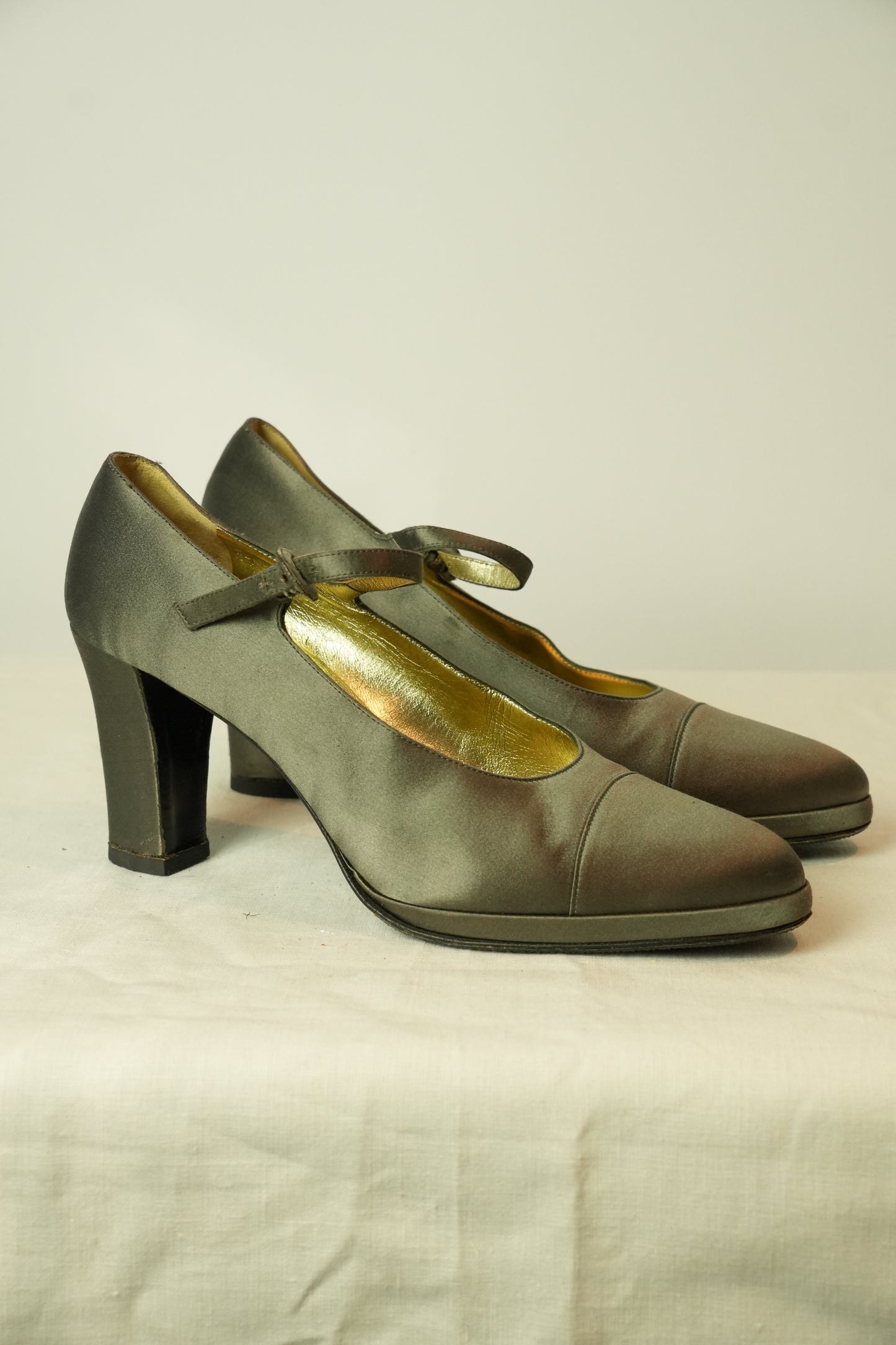 Chanel Grey Satin Mary Jane Pumps Sz 38