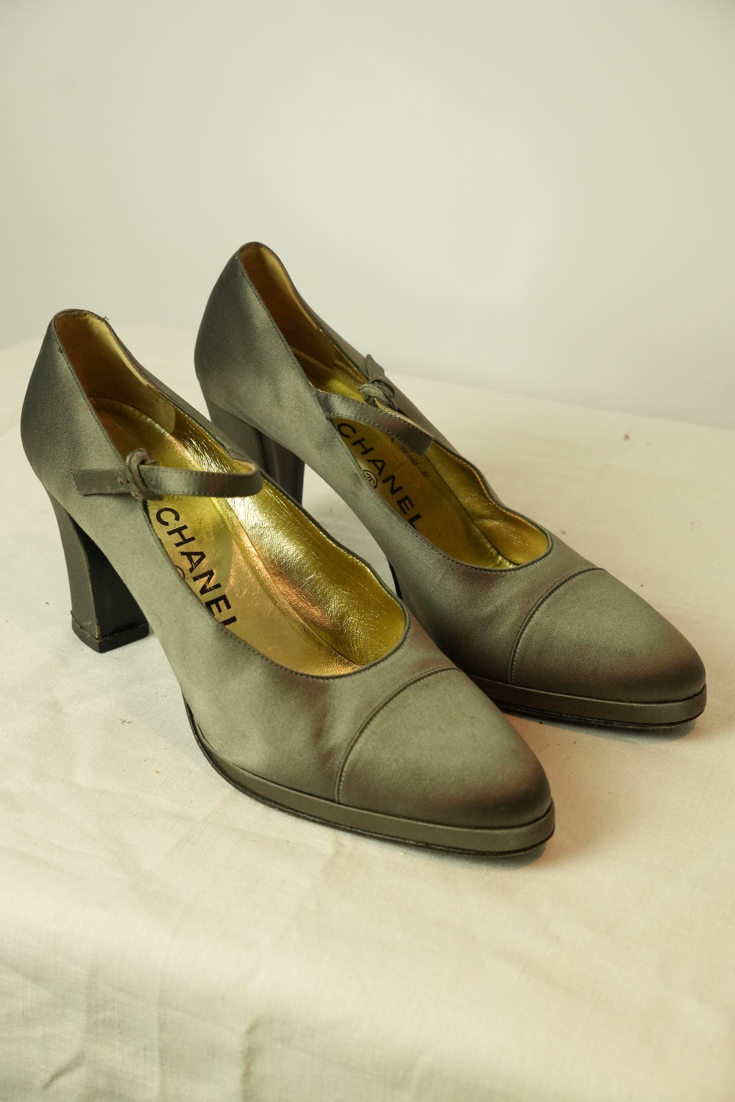Chanel Grey Satin Mary Jane Pumps Sz 38