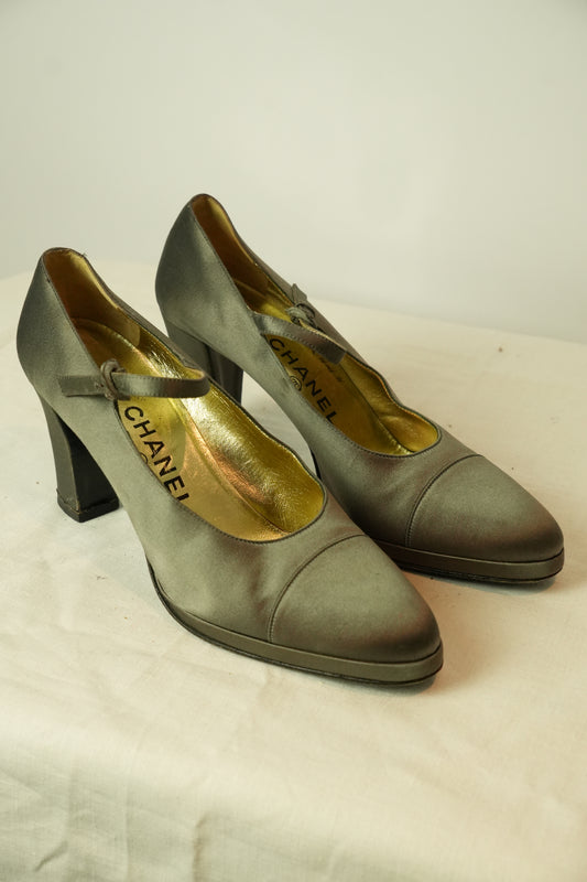 Chanel Grey Satin Mary Jane Pumps Sz 38