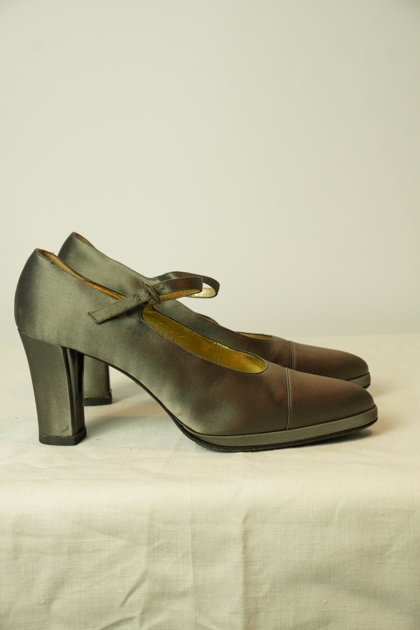 Chanel Grey Satin Mary Jane Pumps Sz 38