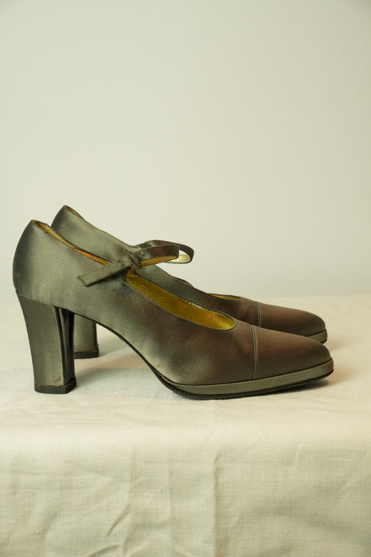 Chanel Grey Satin Mary Jane Pumps Sz 38