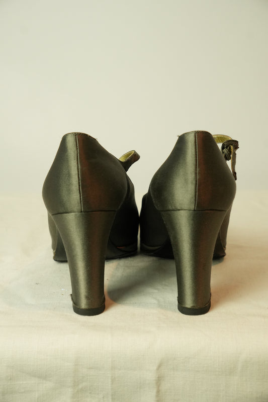 Chanel Grey Satin Mary Jane Pumps Sz 38