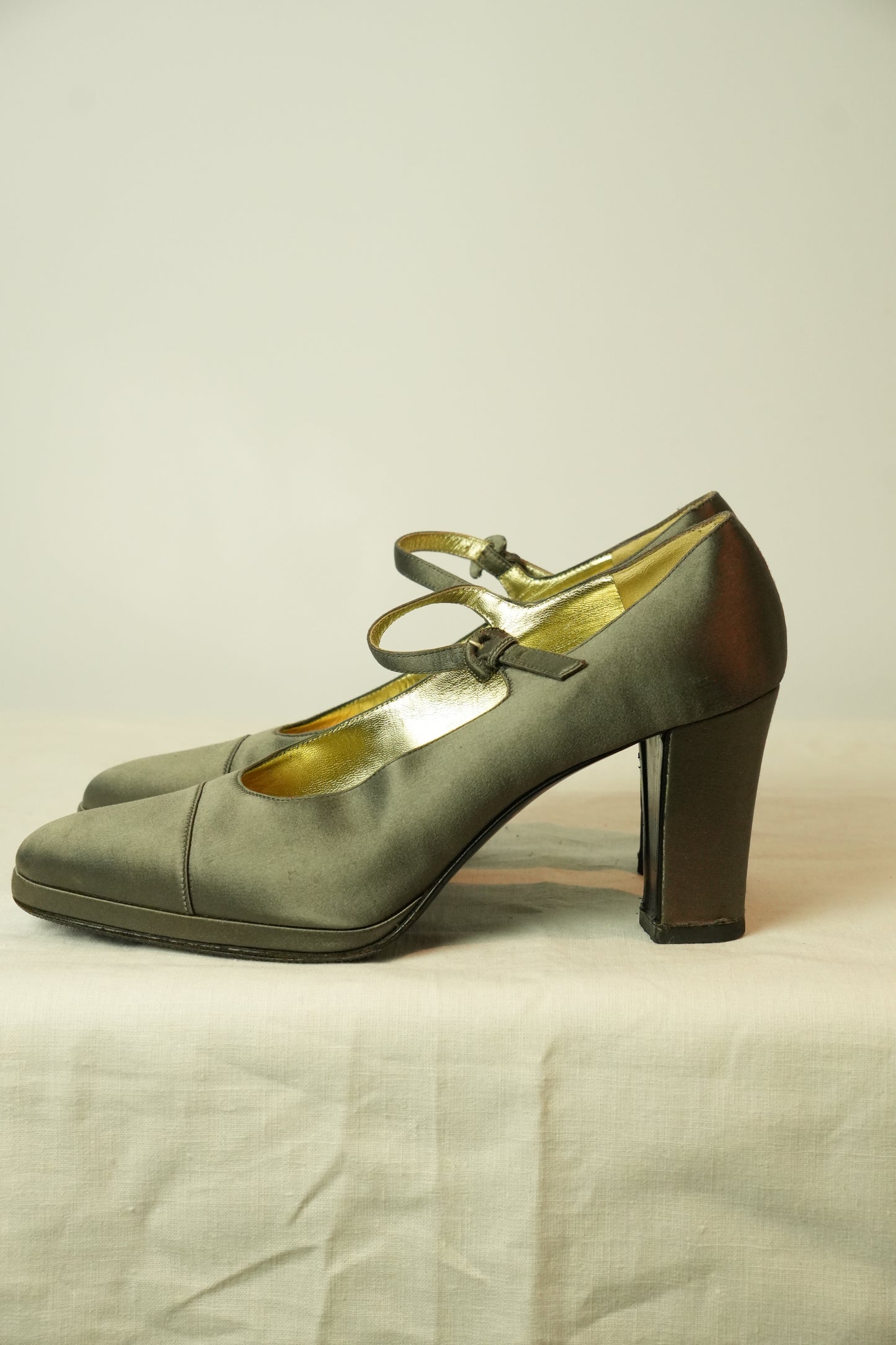 Chanel Grey Satin Mary Jane Pumps Sz 38