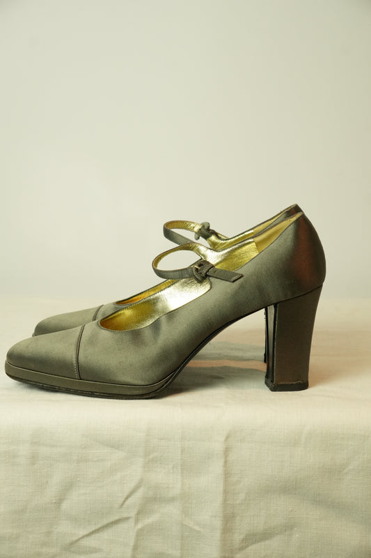 Chanel Grey Satin Mary Jane Pumps Sz 38