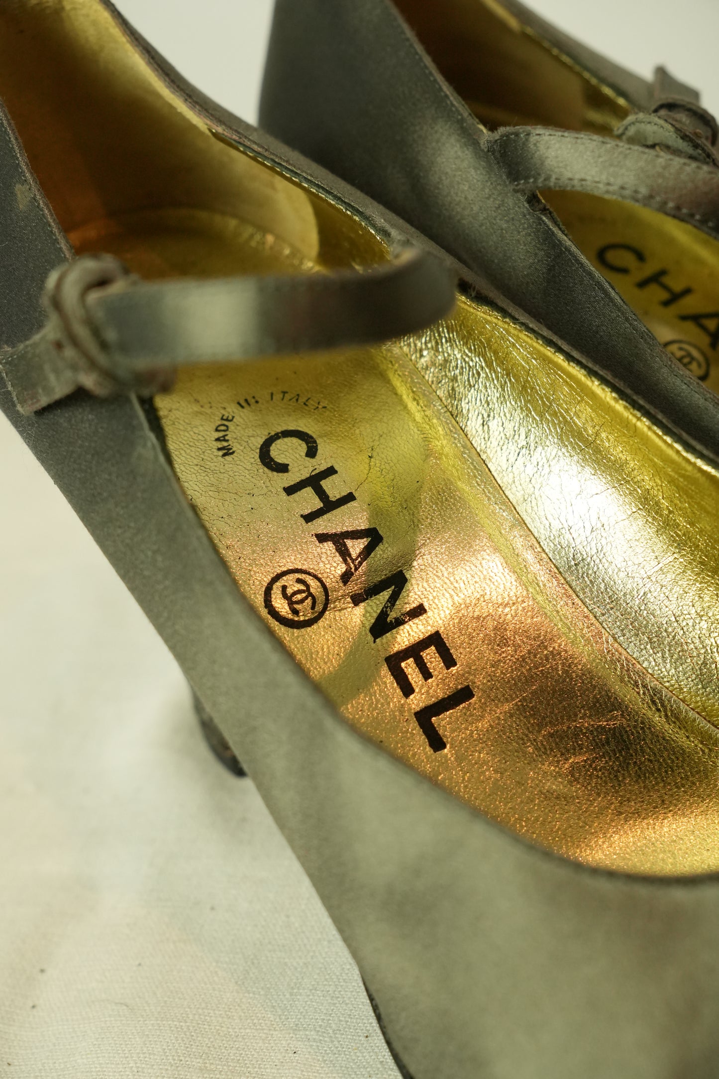 Chanel Grey Satin Mary Jane Pumps Sz 38