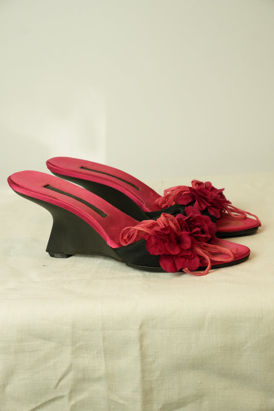 Donna Karan Velvet Floral Motif Wedges Heels