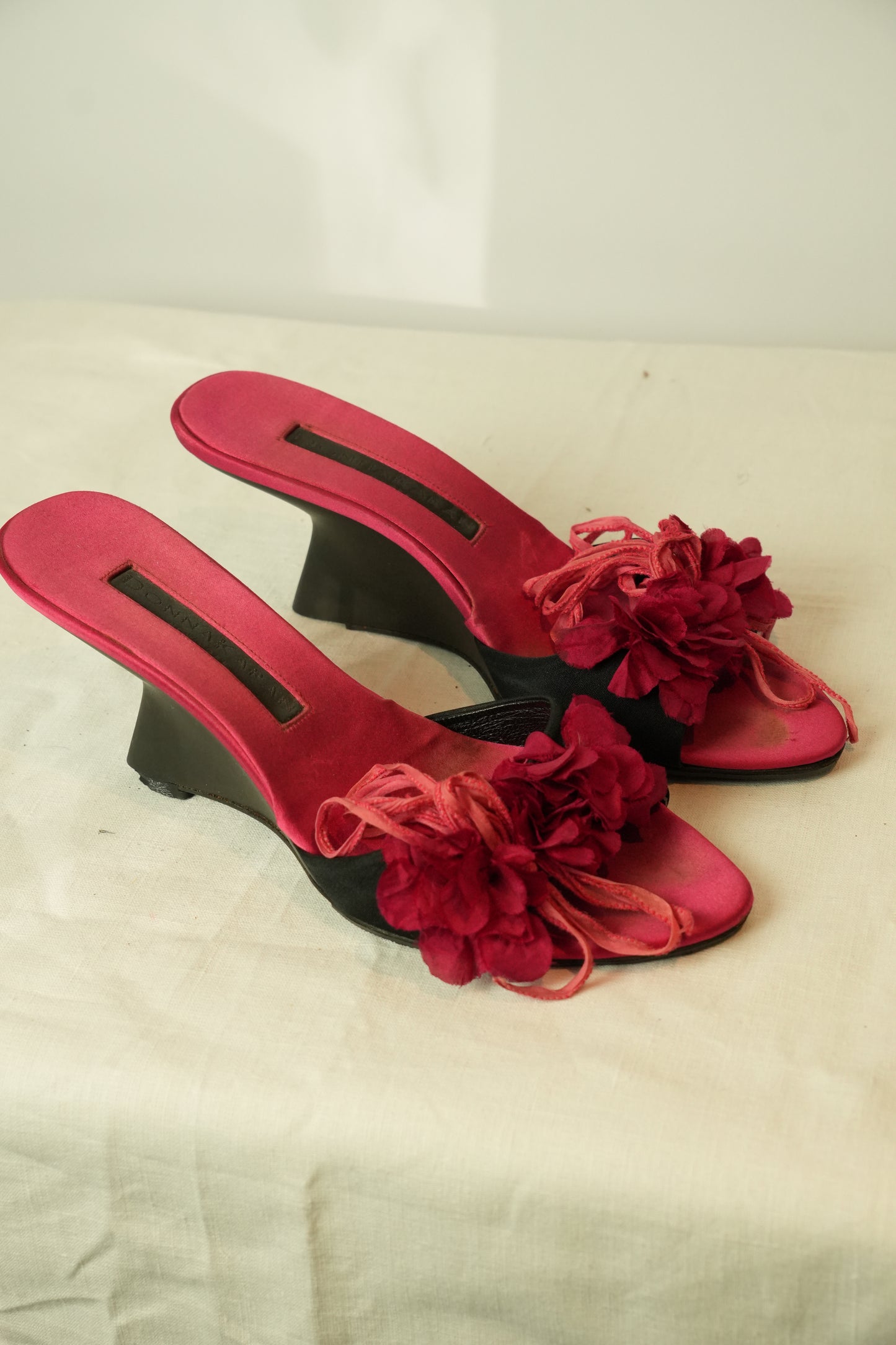 Donna Karan Velvet Floral Motif Wedges Heels