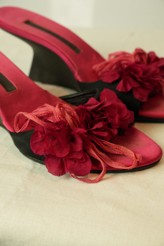 Donna Karan Velvet Floral Motif Wedges Heels