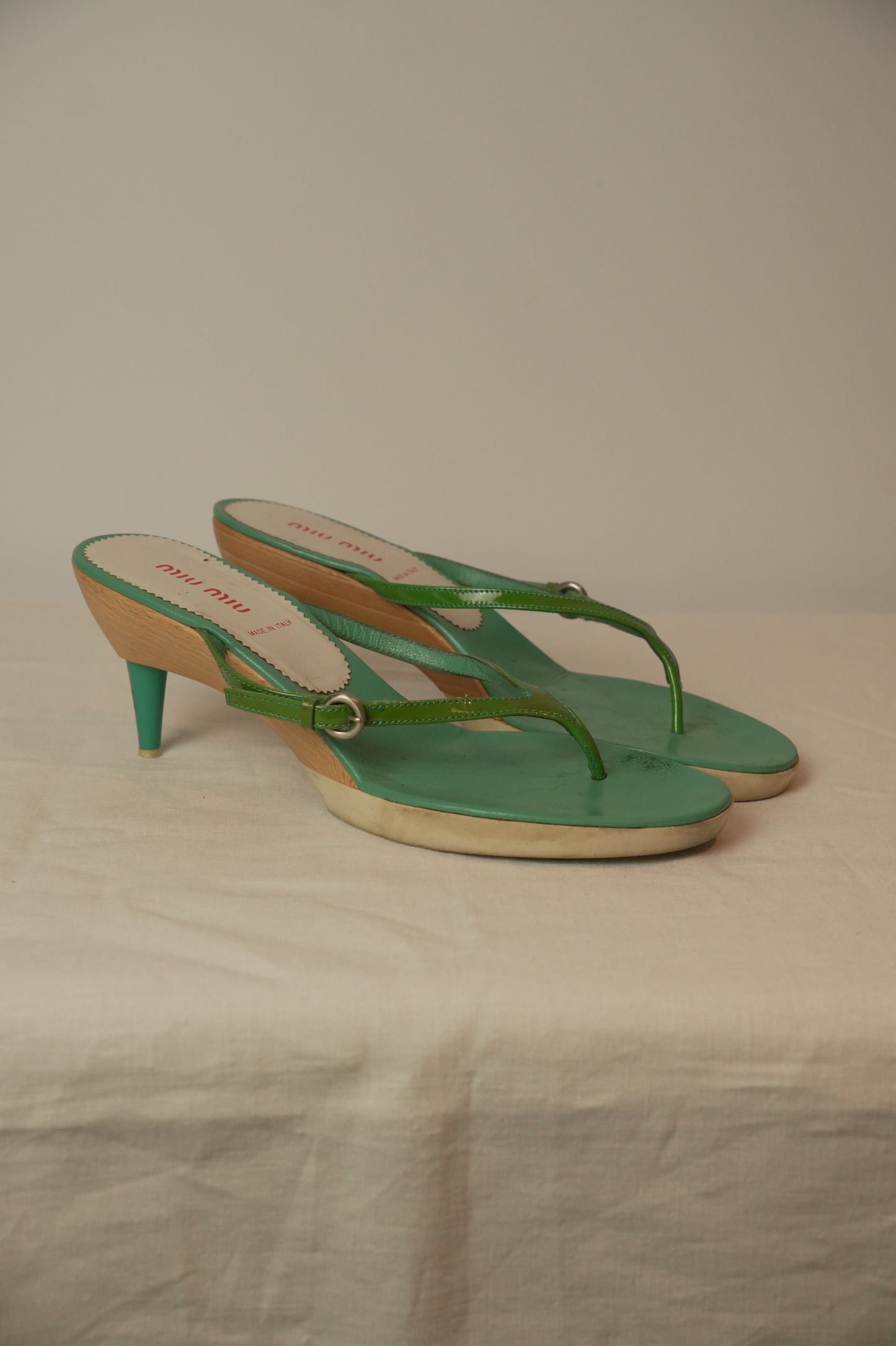 Miu Miu Wooden Heel Green Patent Thong Heels Sz37.5