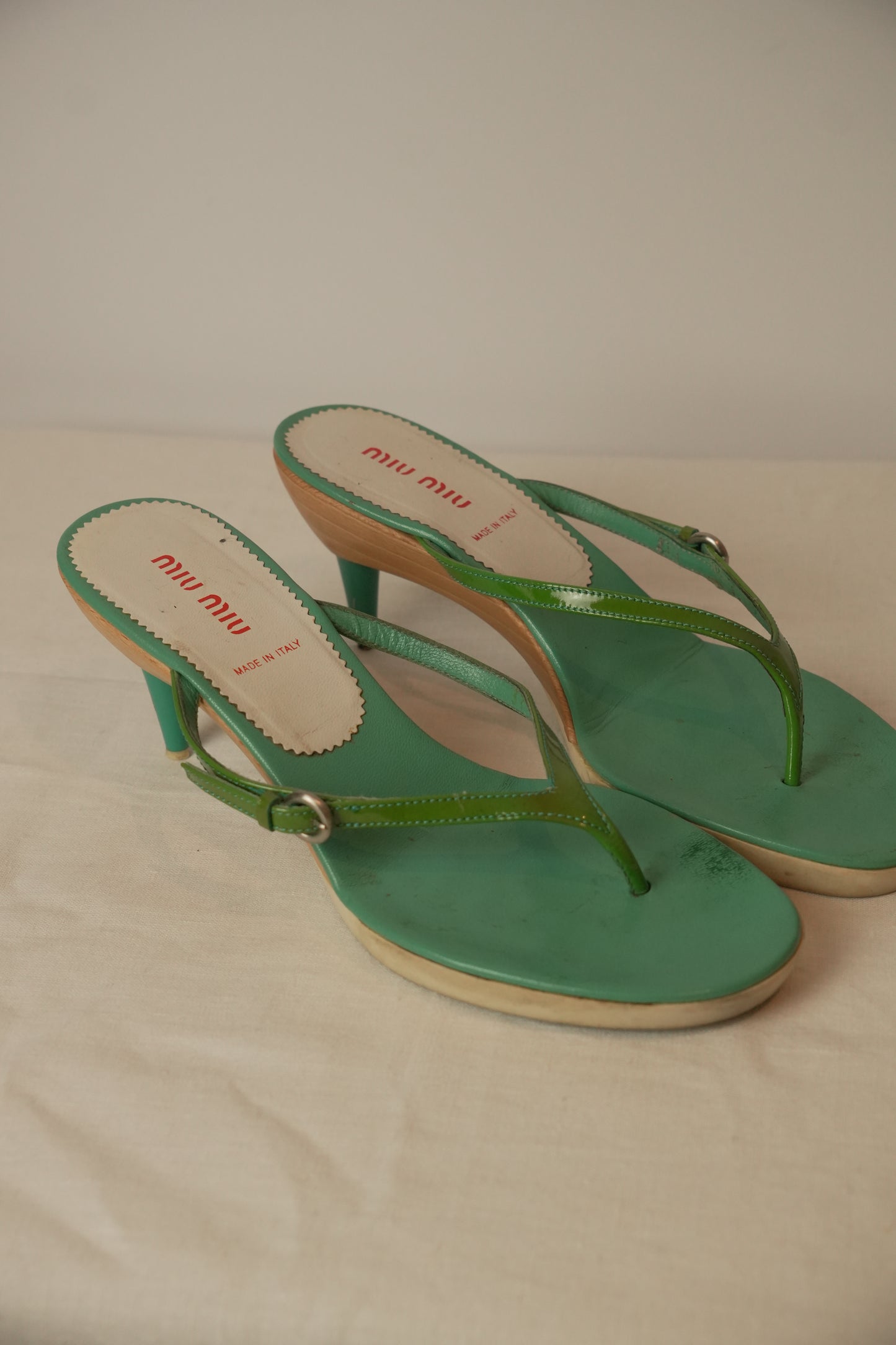 Miu Miu Wooden Heel Green Patent Thong Heels Sz37.5