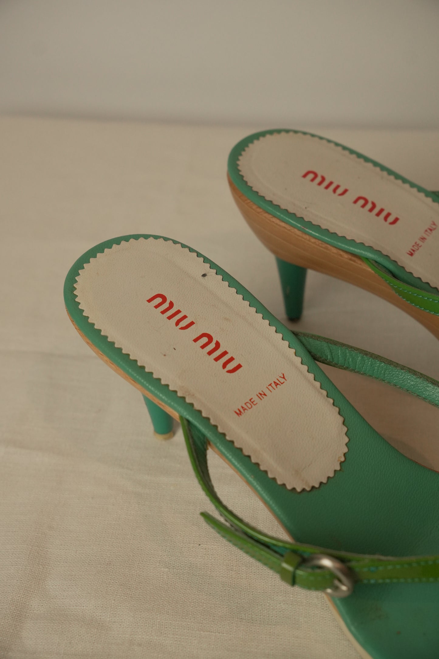 Miu Miu Wooden Heel Green Patent Thong Heels Sz37.5