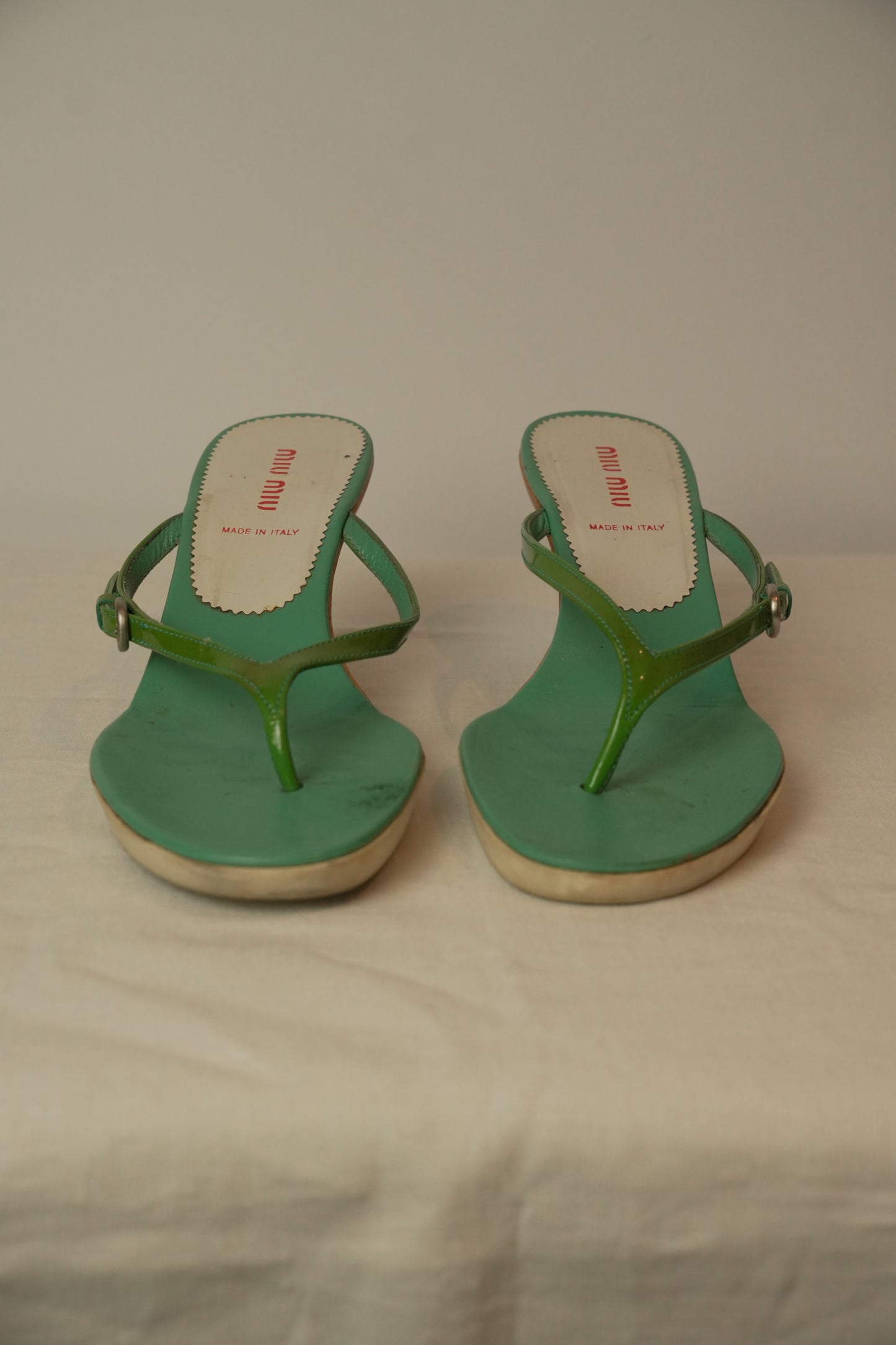 Miu Miu Wooden Heel Green Patent Thong Heels Sz37.5