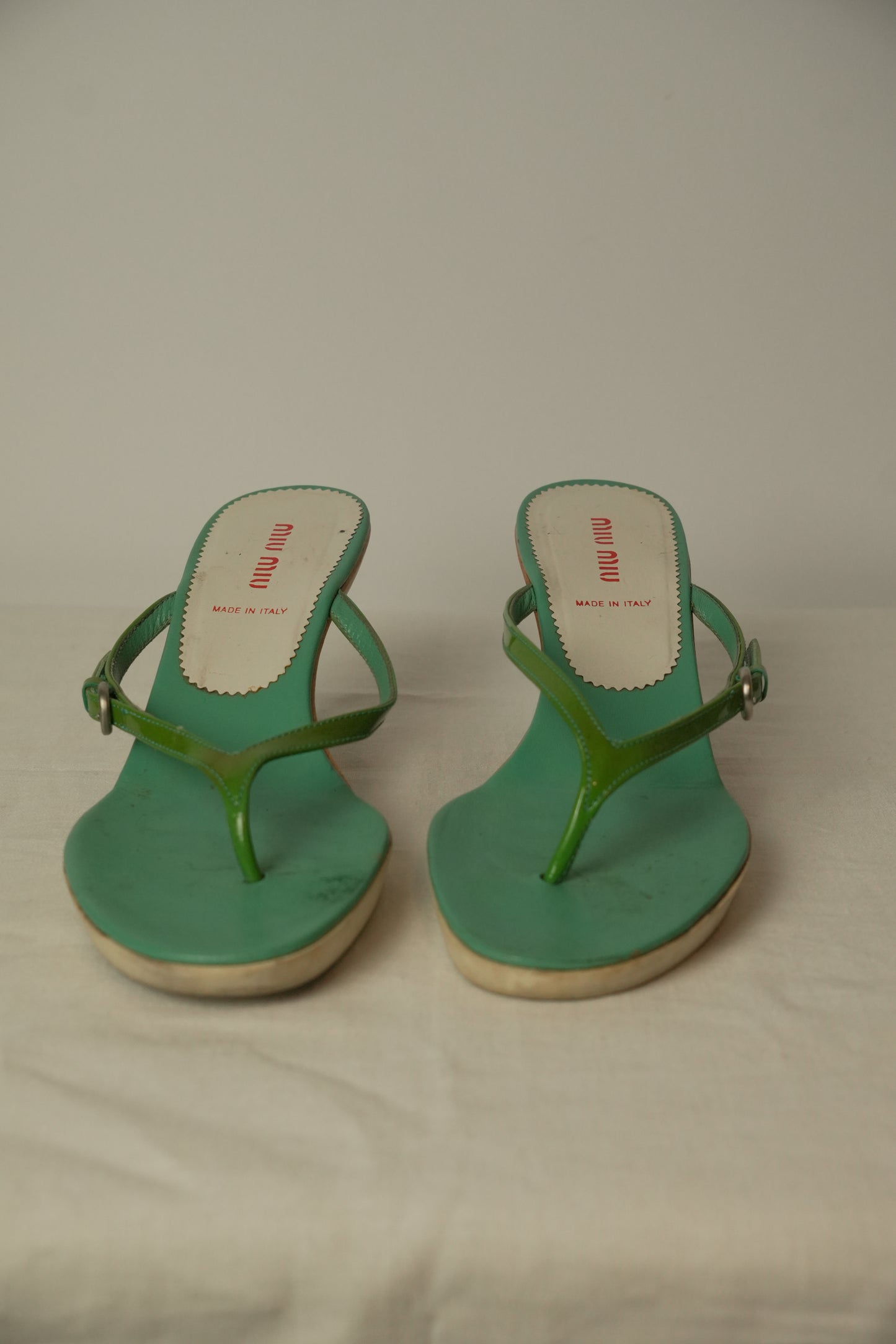 Miu Miu Wooden Heel Green Patent Thong Heels Sz37.5