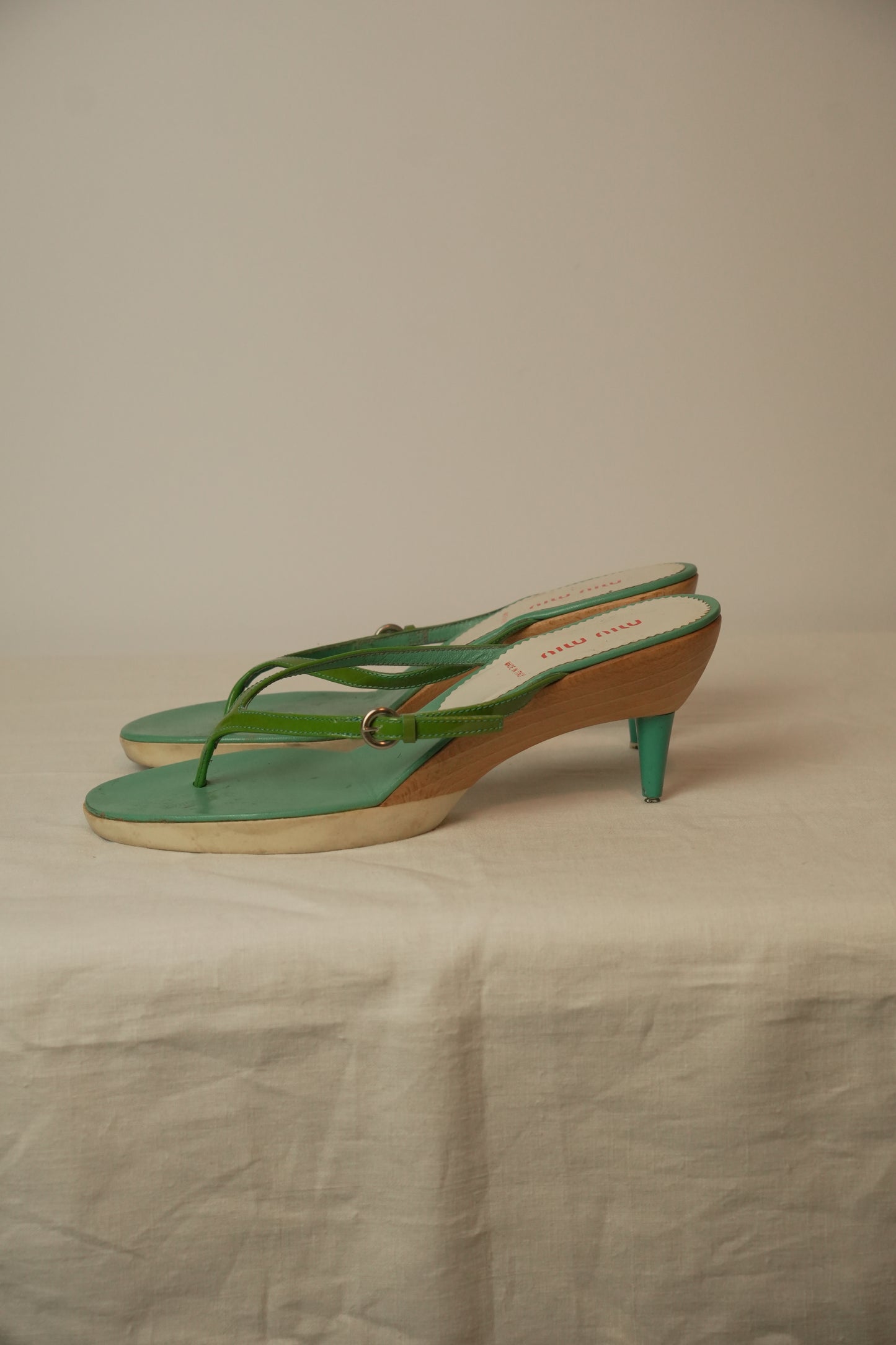 Miu Miu Wooden Heel Green Patent Thong Heels Sz37.5