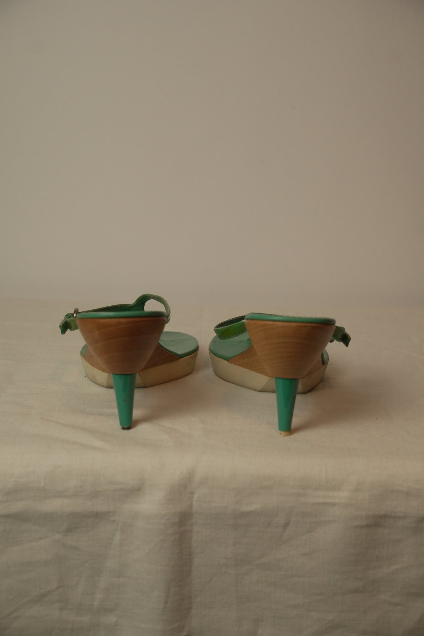 Miu Miu Wooden Heel Green Patent Thong Heels Sz37.5