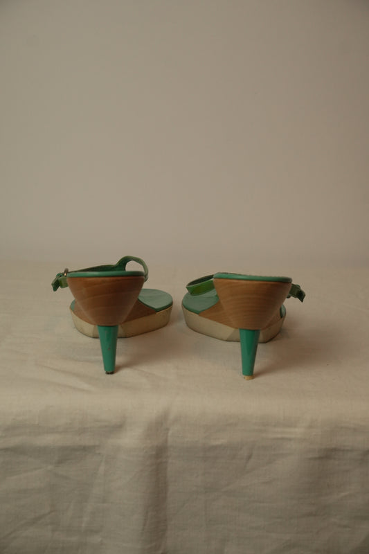 Miu Miu Wooden Heel Green Patent Thong Heels Sz37.5