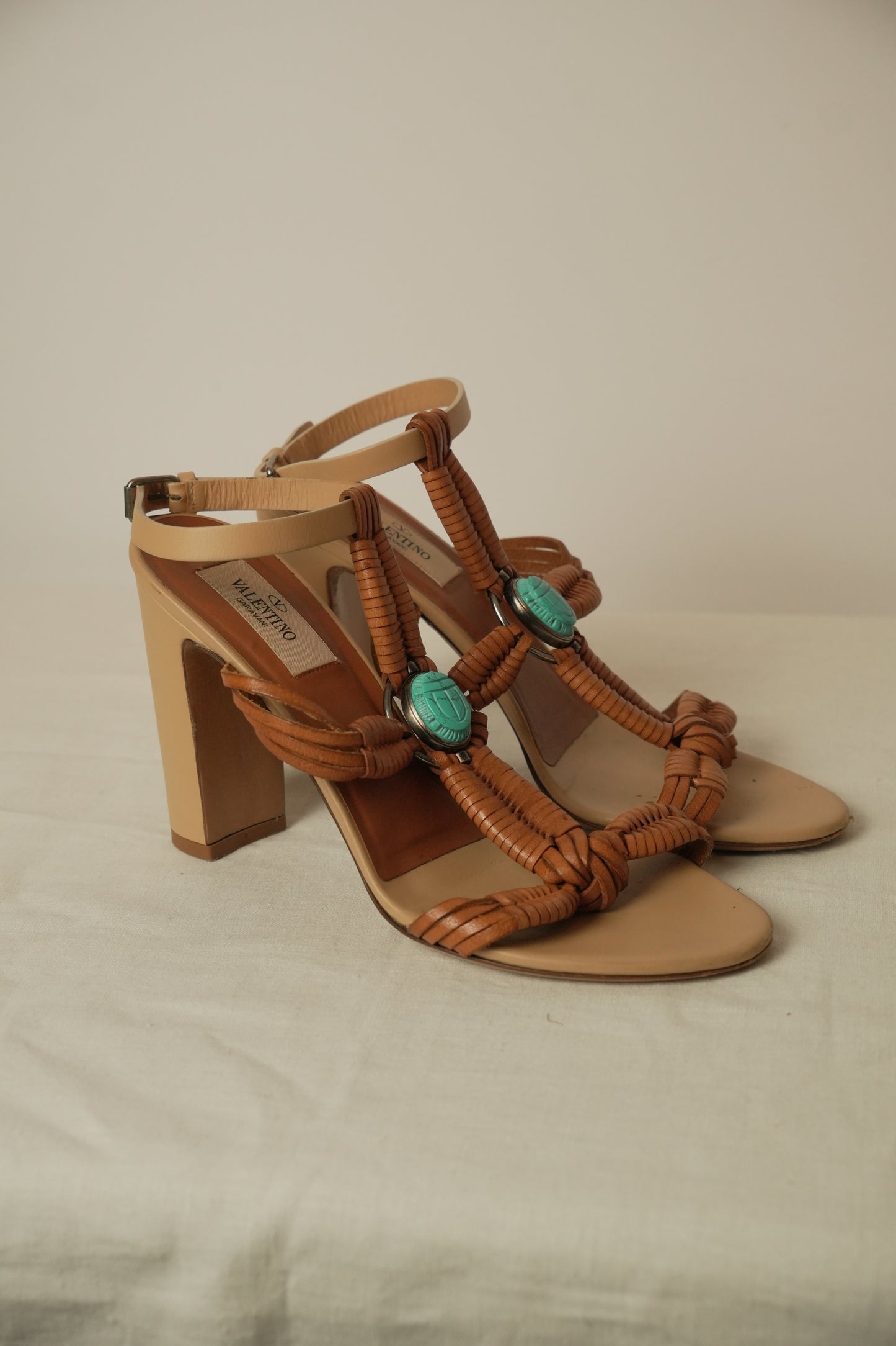 Valentino Leather Braided Tan w Turquoise Pendant Heels Sz37