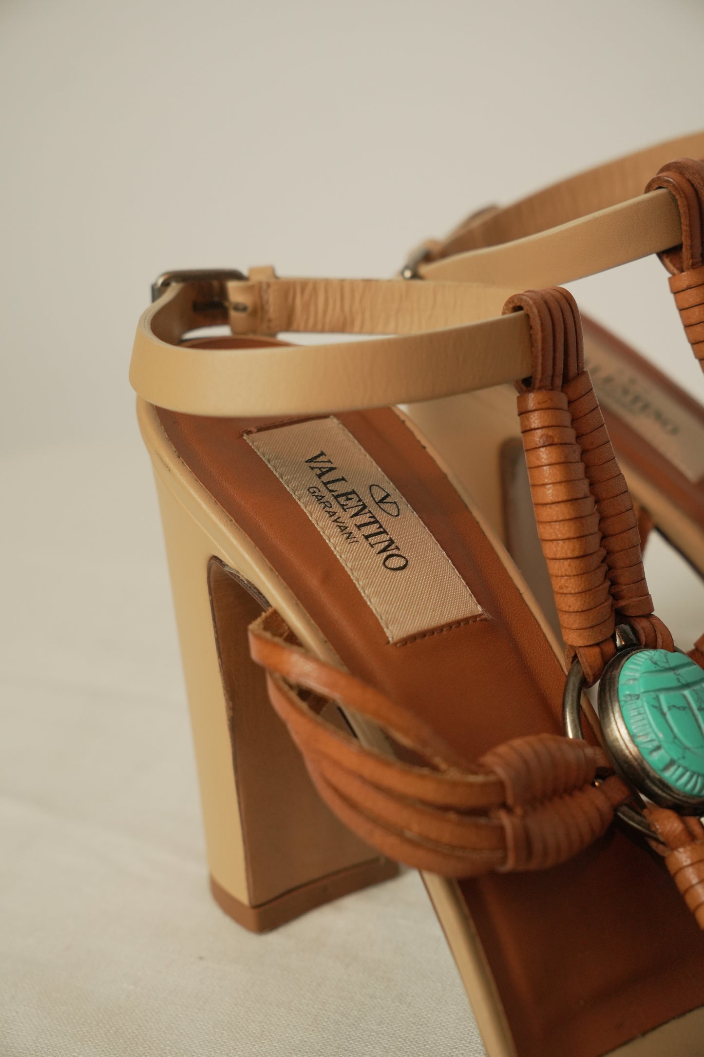 Valentino Leather Braided Tan w Turquoise Pendant Heels Sz37