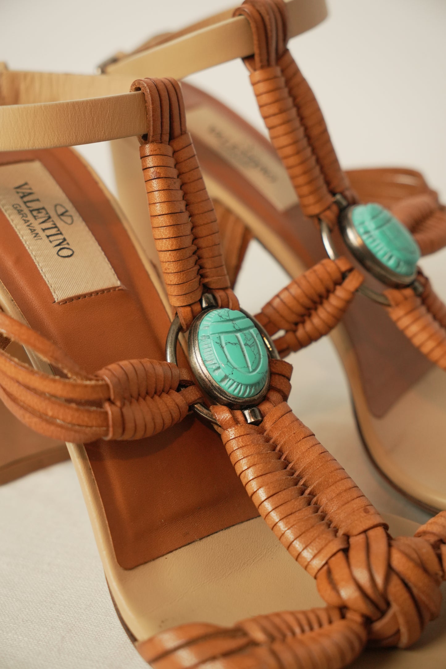 Valentino Leather Braided Tan w Turquoise Pendant Heels Sz37