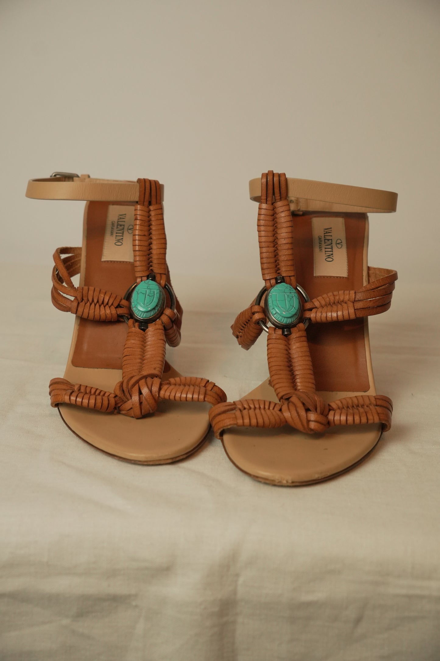 Valentino Leather Braided Tan w Turquoise Pendant Heels Sz37