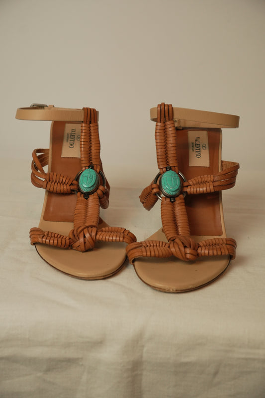 Valentino Leather Braided Tan w Turquoise Pendant Heels Sz37