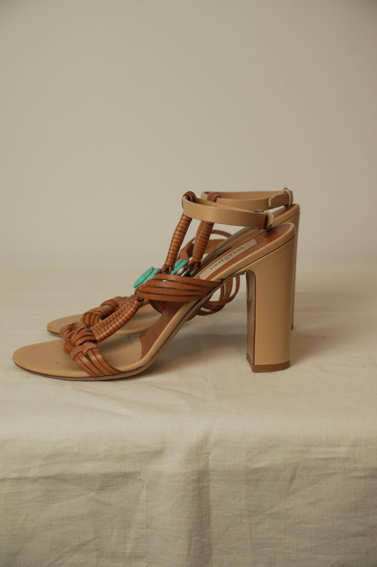 Valentino Leather Braided Tan w Turquoise Pendant Heels Sz37
