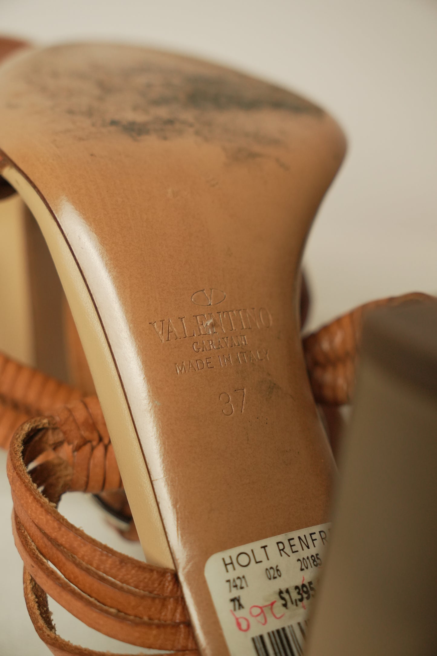 Valentino Leather Braided Tan w Turquoise Pendant Heels Sz37