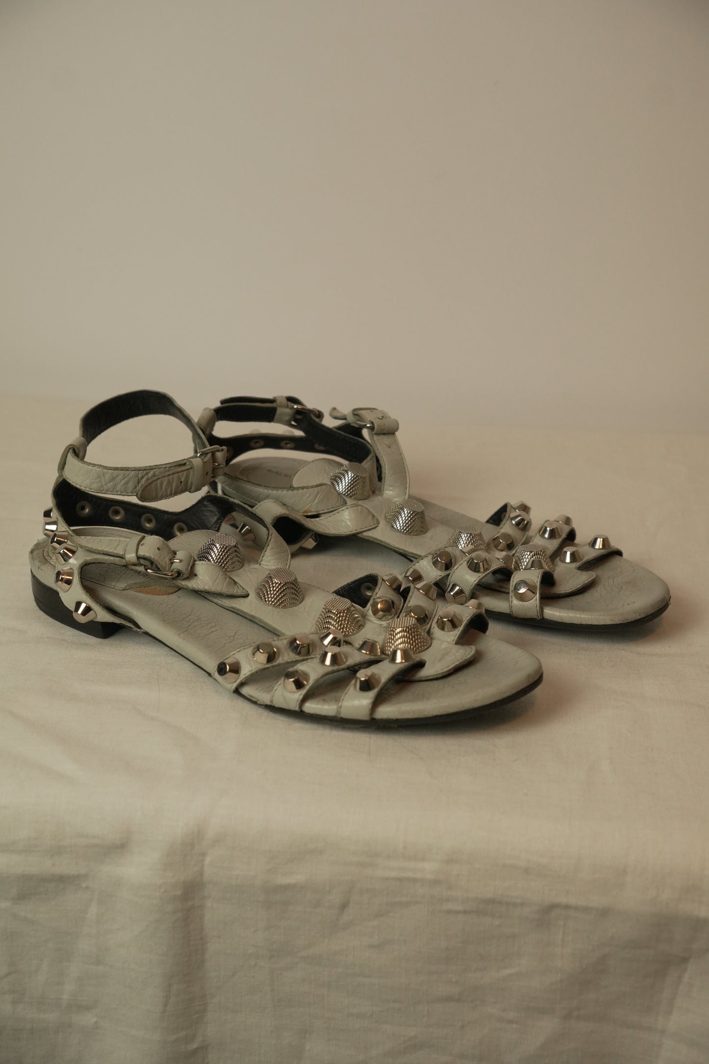 Balenciaga Paris Studded Open Toe Ankle Strap Sandals Gray Size 8.5