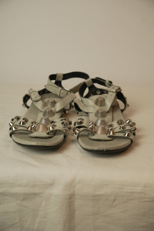 Balenciaga Paris Studded Open Toe Ankle Strap Sandals Gray Size 8.5