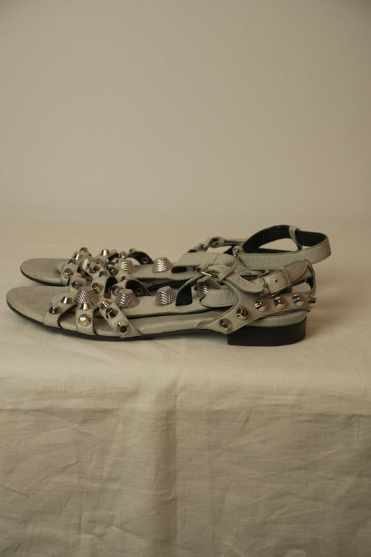 Balenciaga Paris Studded Open Toe Ankle Strap Sandals Gray Size 8.5