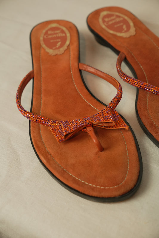 Rene Caovilla Orange Suede Flat Sandals