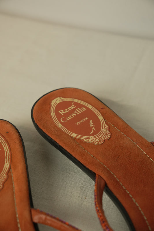Rene Caovilla Orange Suede Flat Sandals