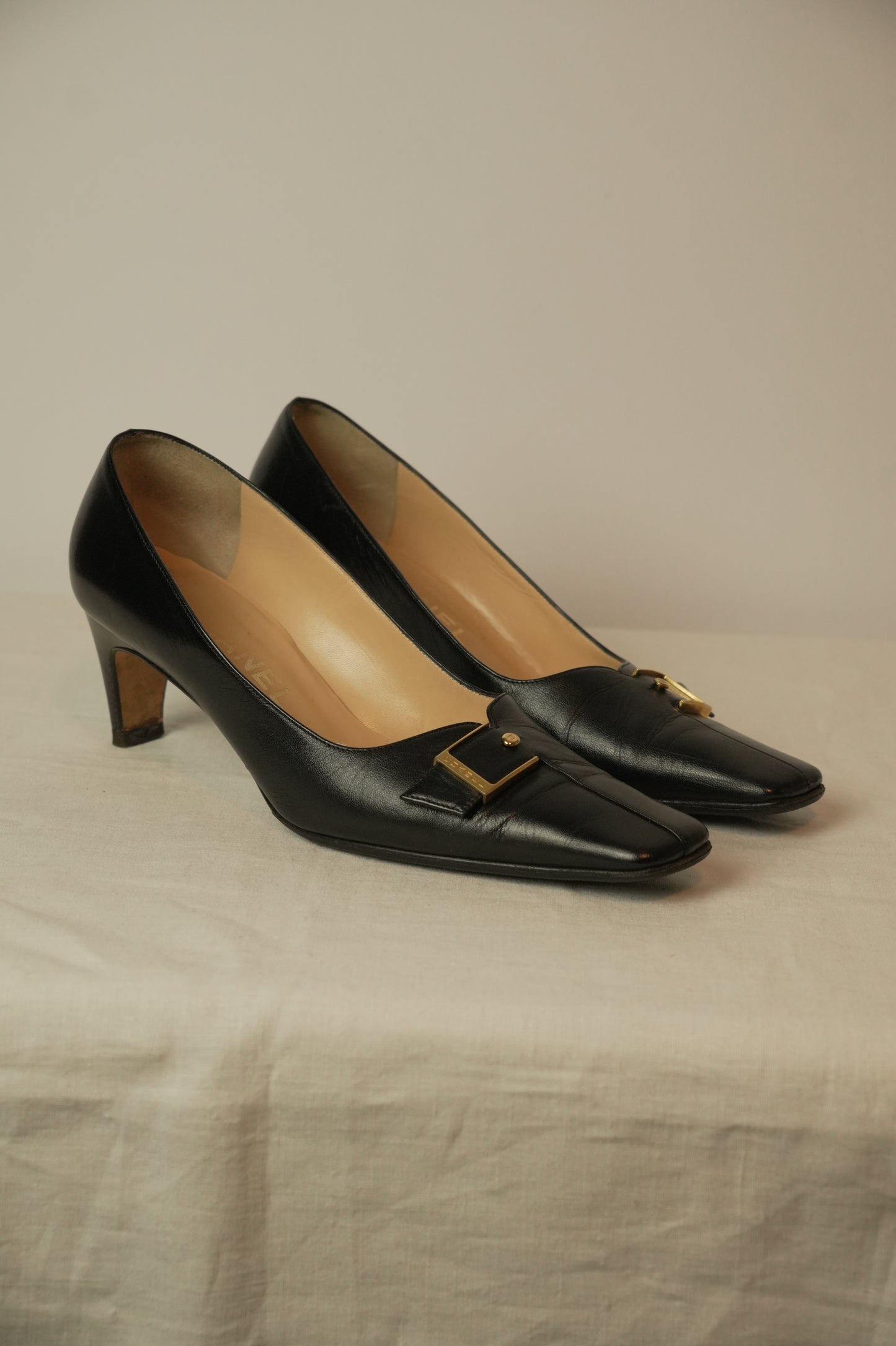 Chanel Black Square Toe Buckle Loafer Pumps Sz 37