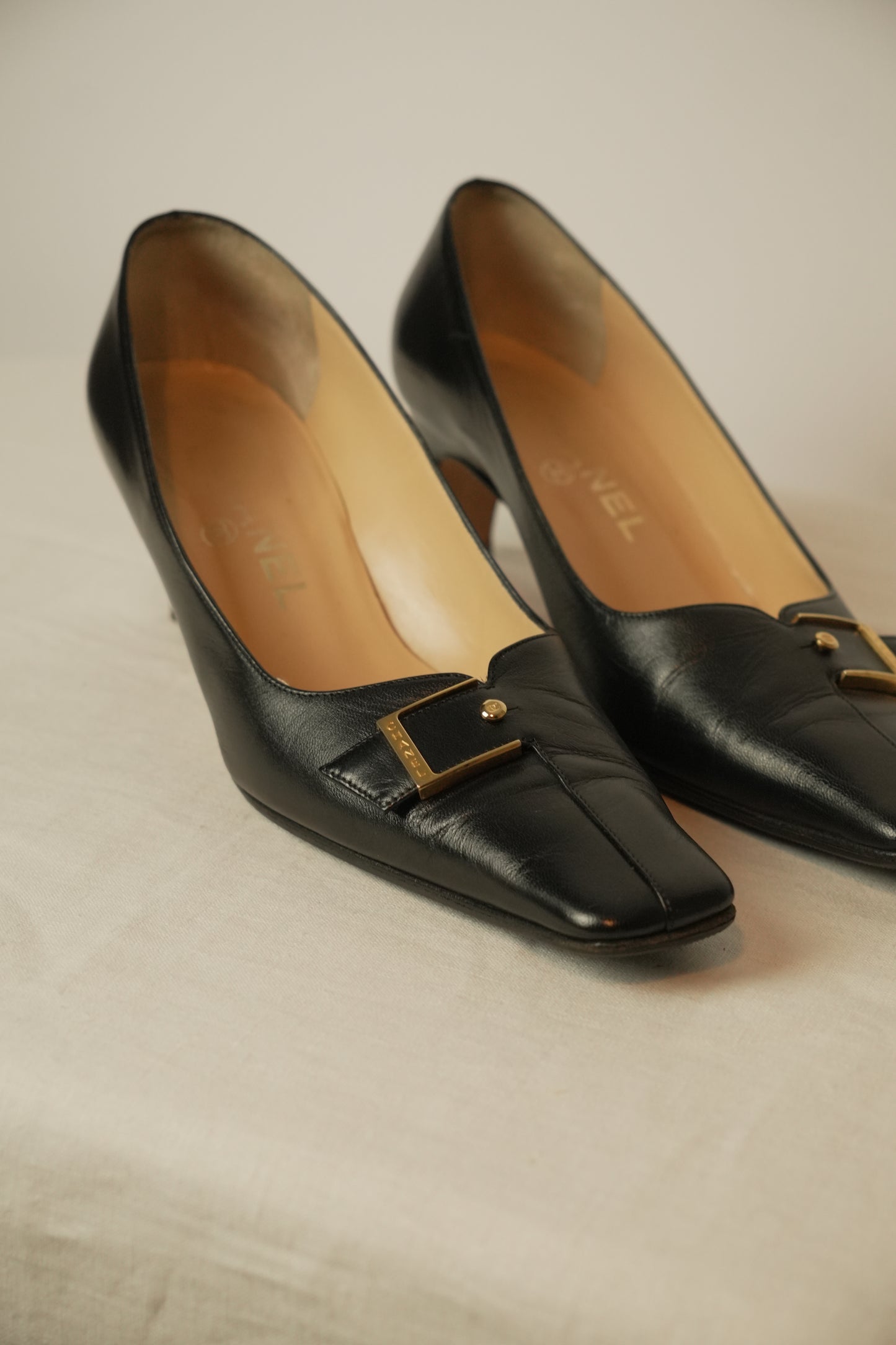 Chanel Black Square Toe Buckle Loafer Pumps Sz 37