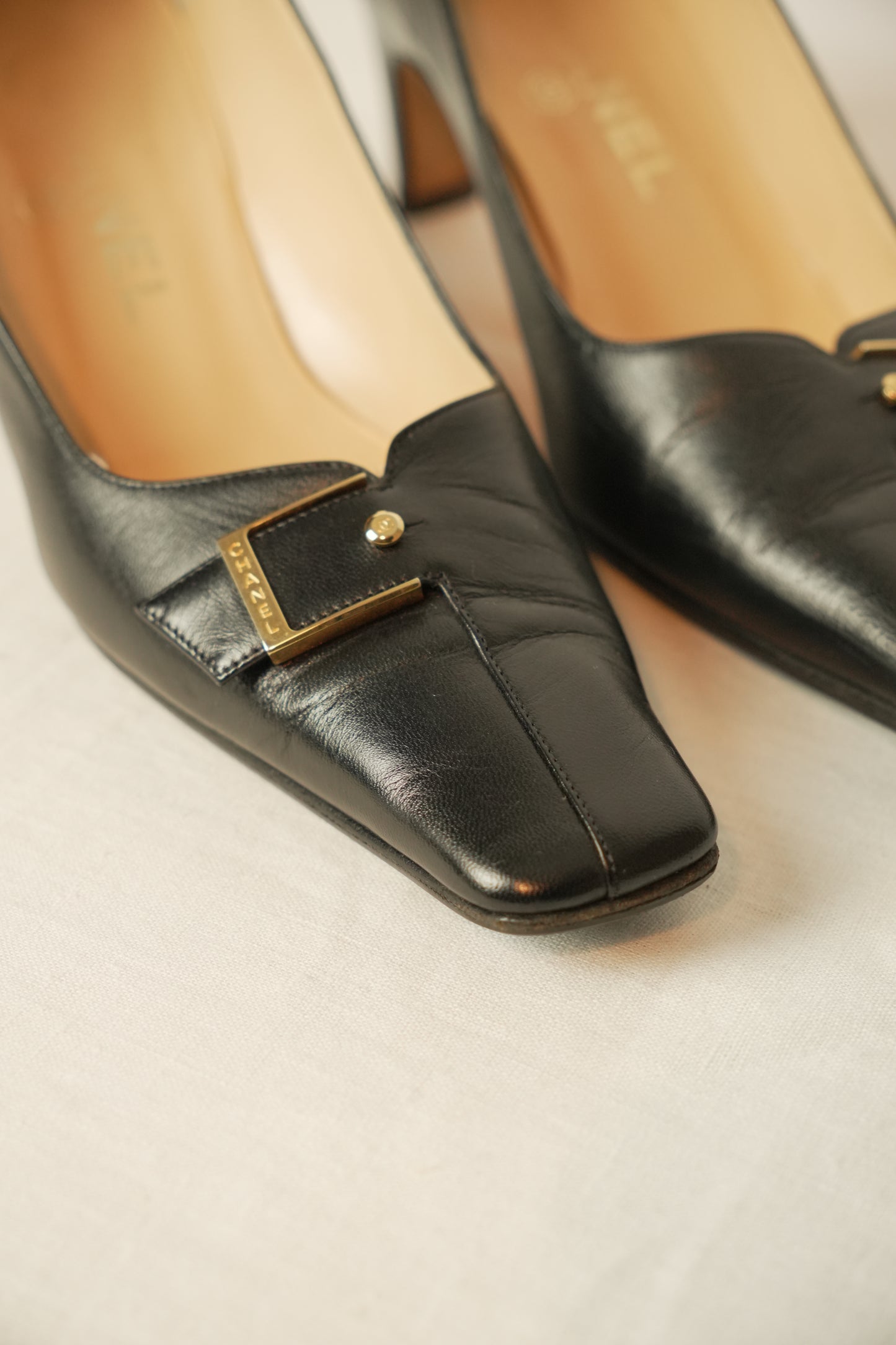Chanel Black Square Toe Buckle Loafer Pumps Sz 37