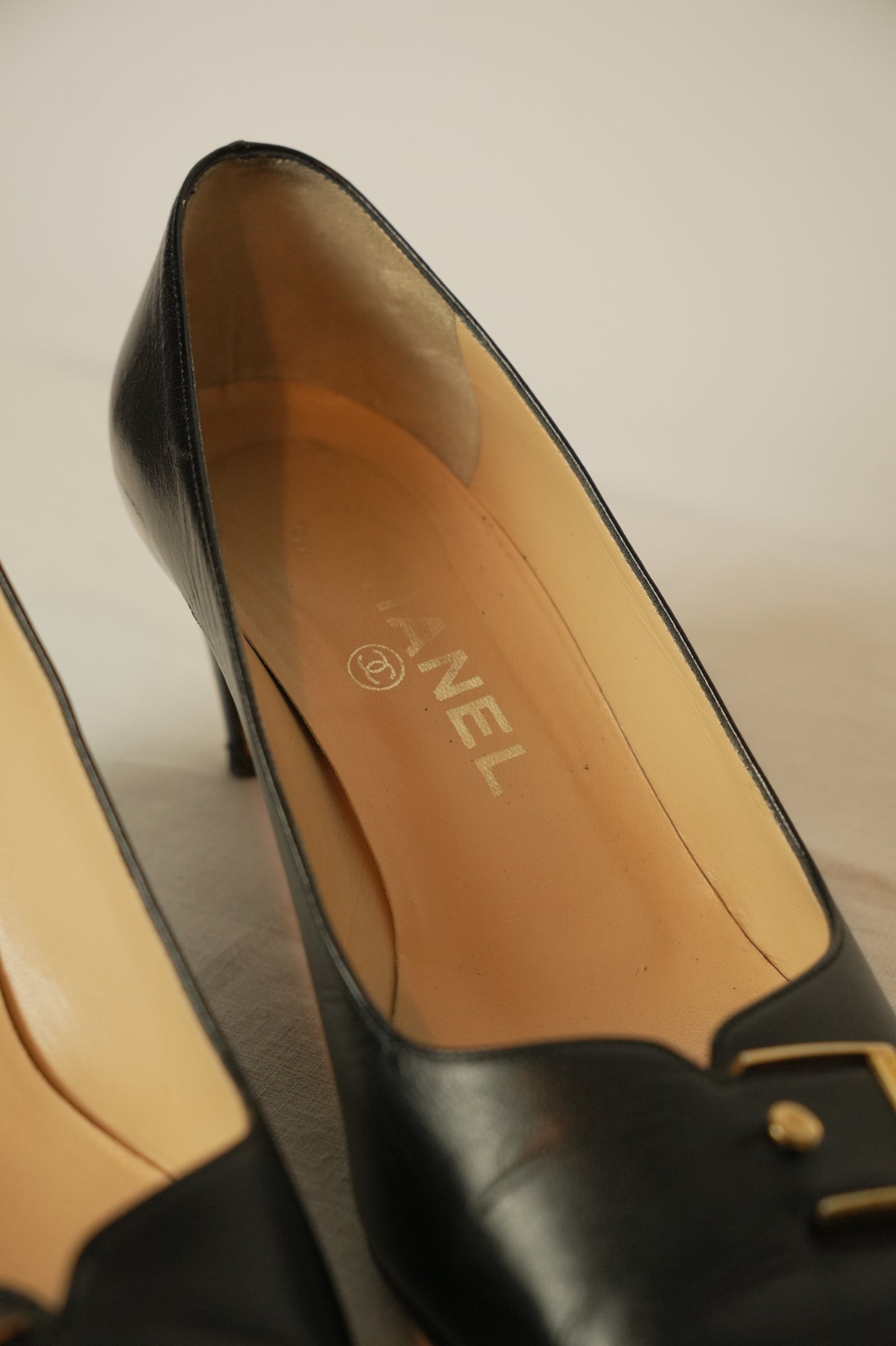 Chanel Black Square Toe Buckle Loafer Pumps Sz 37