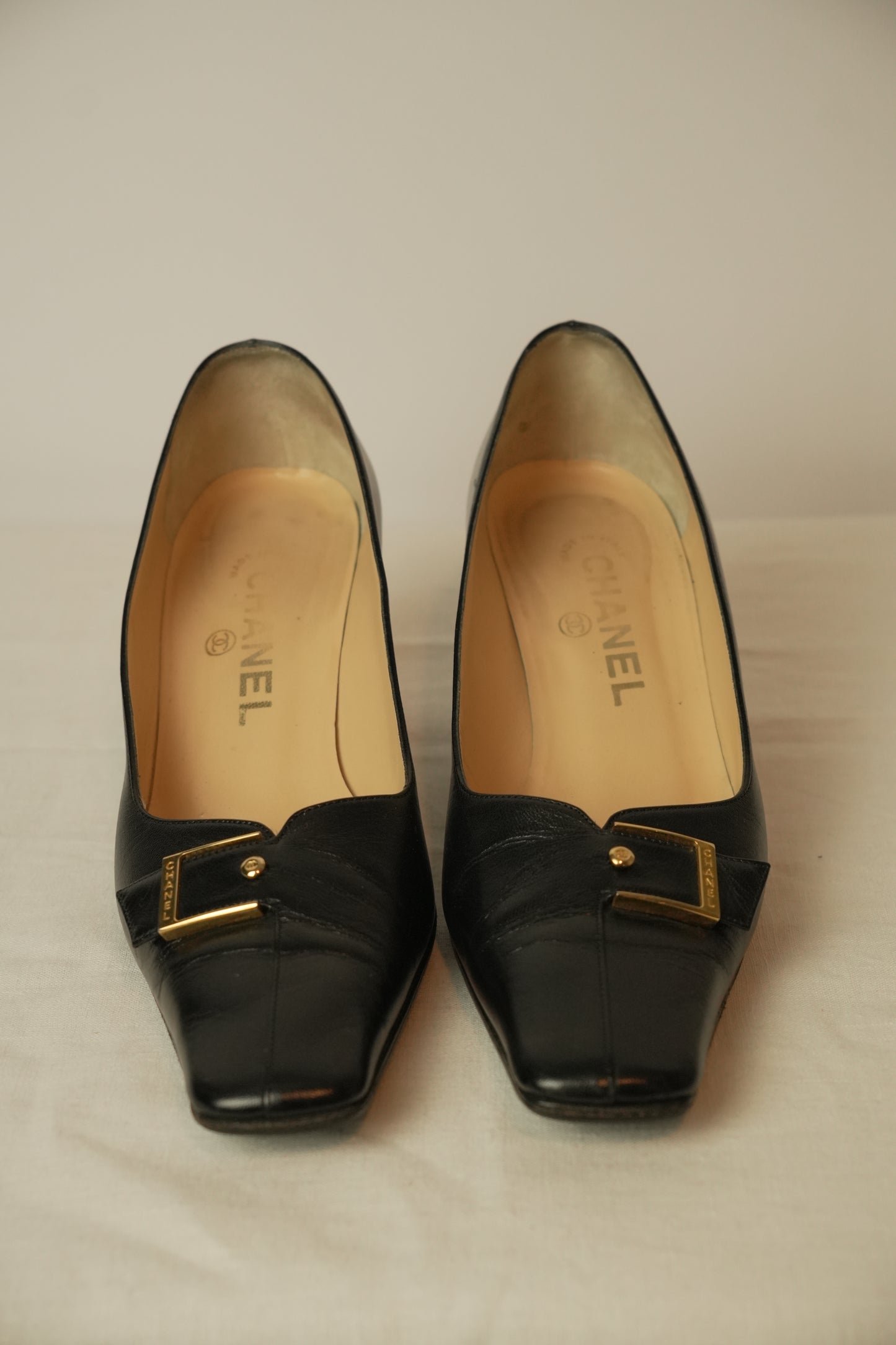Chanel Black Square Toe Buckle Loafer Pumps Sz 37