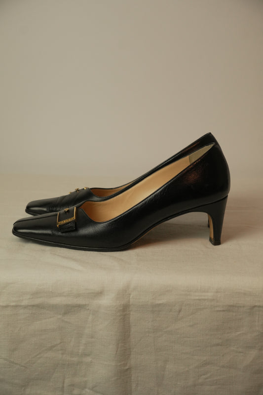 Chanel Black Square Toe Buckle Loafer Pumps Sz 37