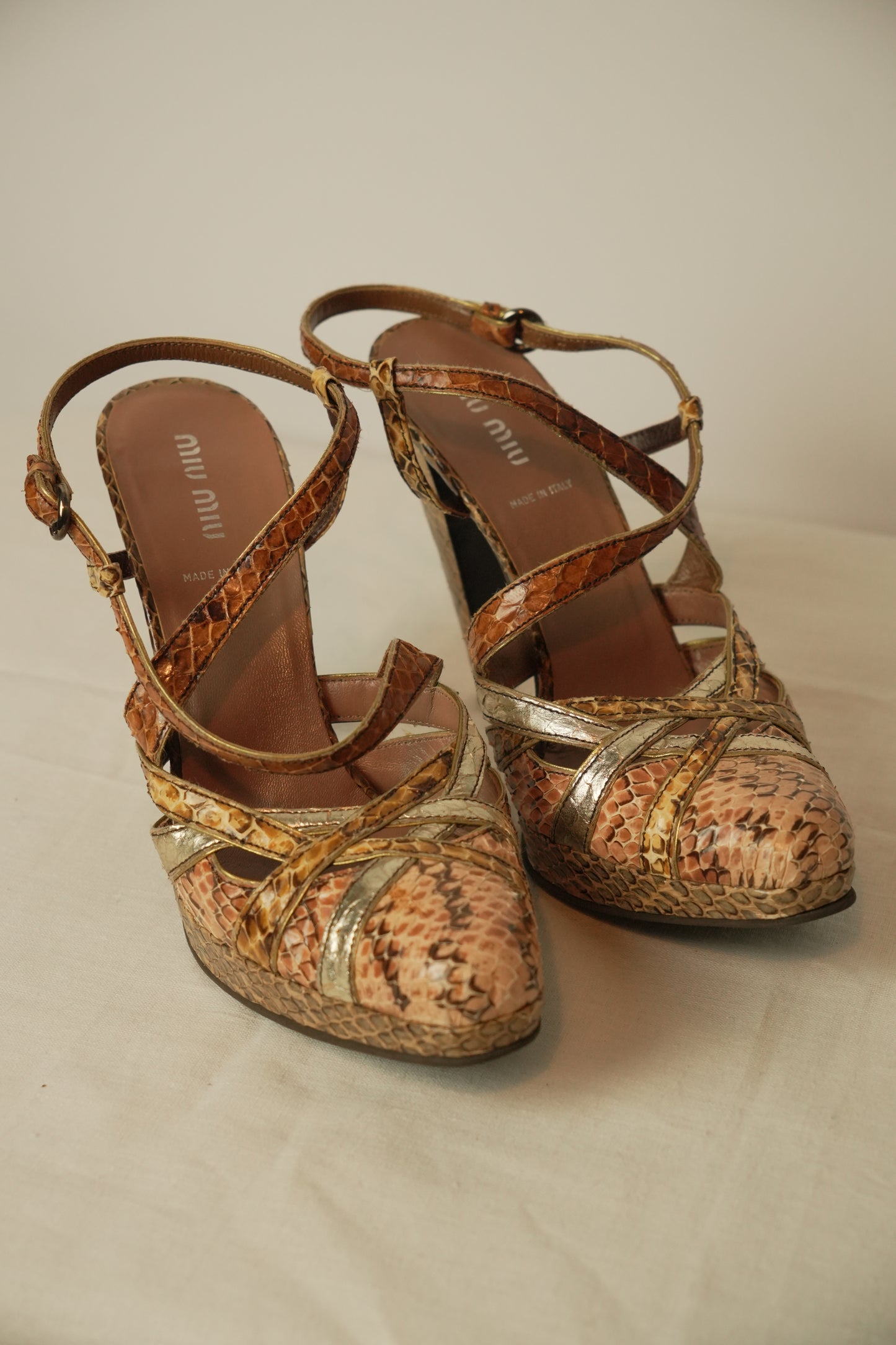 Miu Miu Snakeskin Platform Strappy Heels Sz 37.5