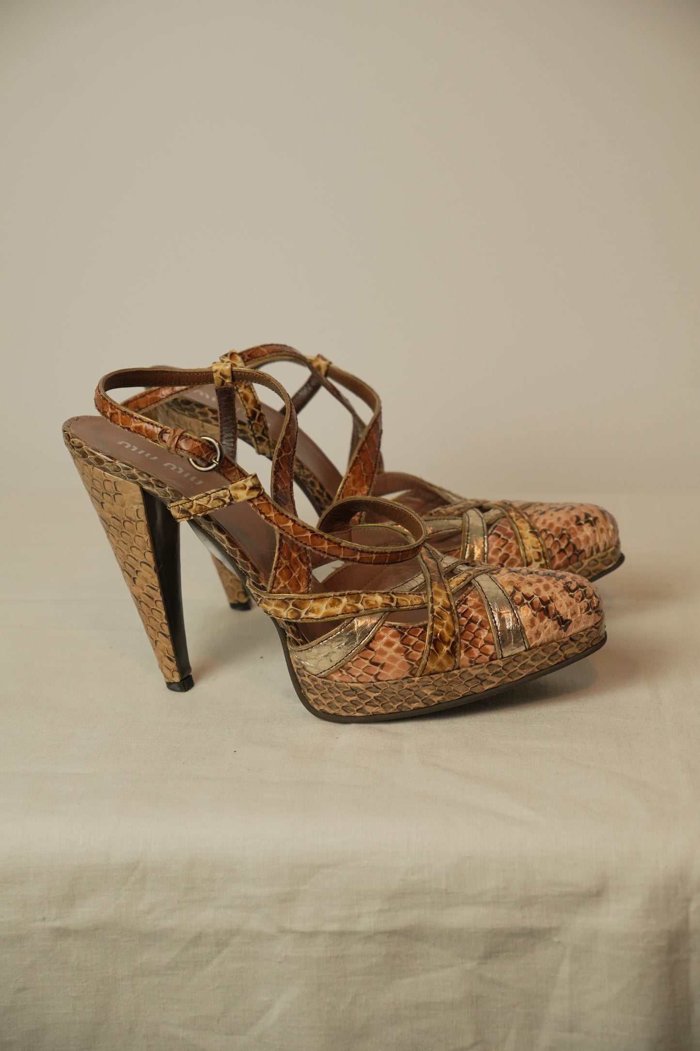 Miu Miu Snakeskin Platform Strappy Heels Sz 37.5