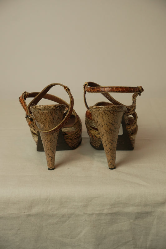 Miu Miu Snakeskin Platform Strappy Heels Sz 37.5