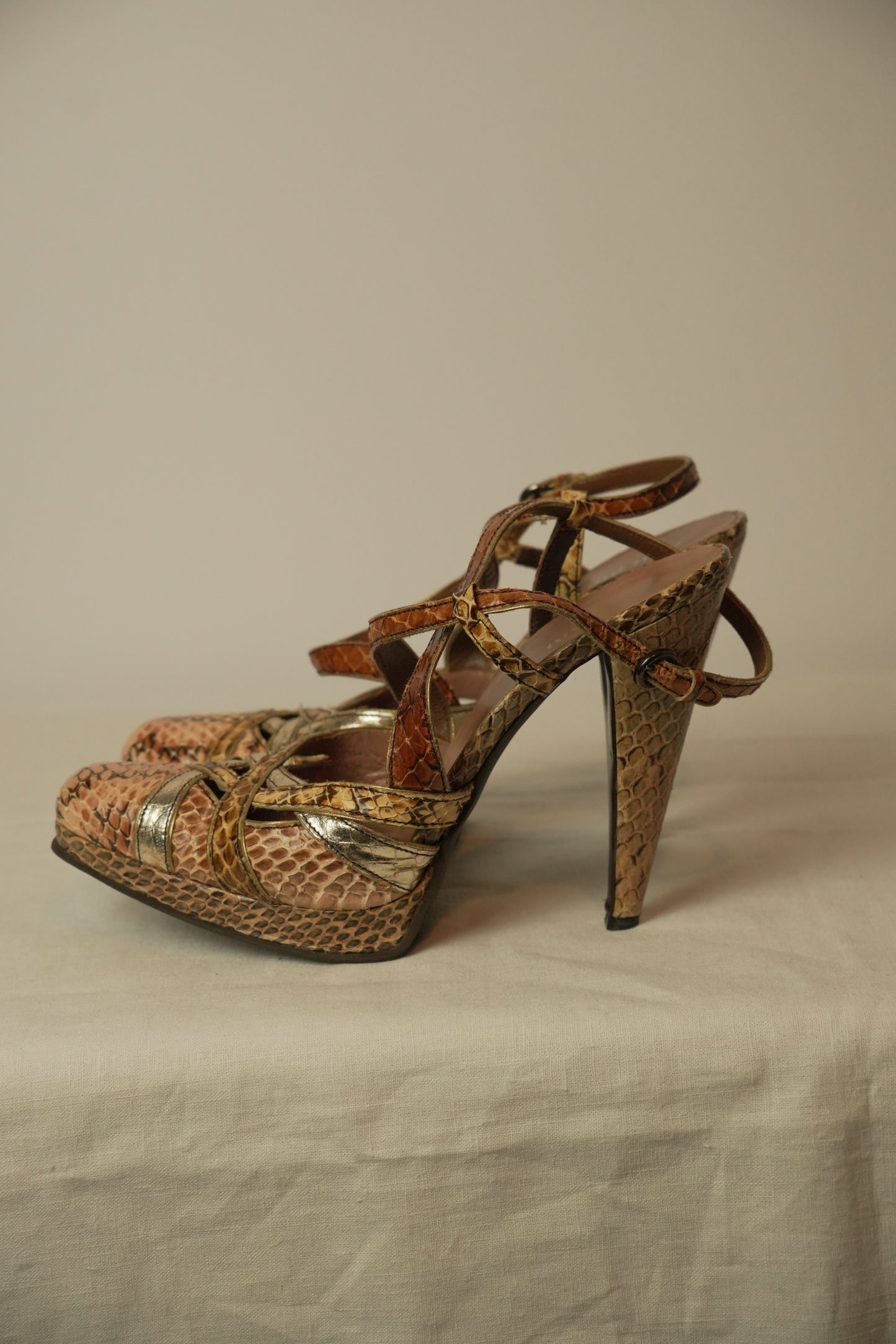 Miu Miu Snakeskin Platform Strappy Heels Sz 37.5