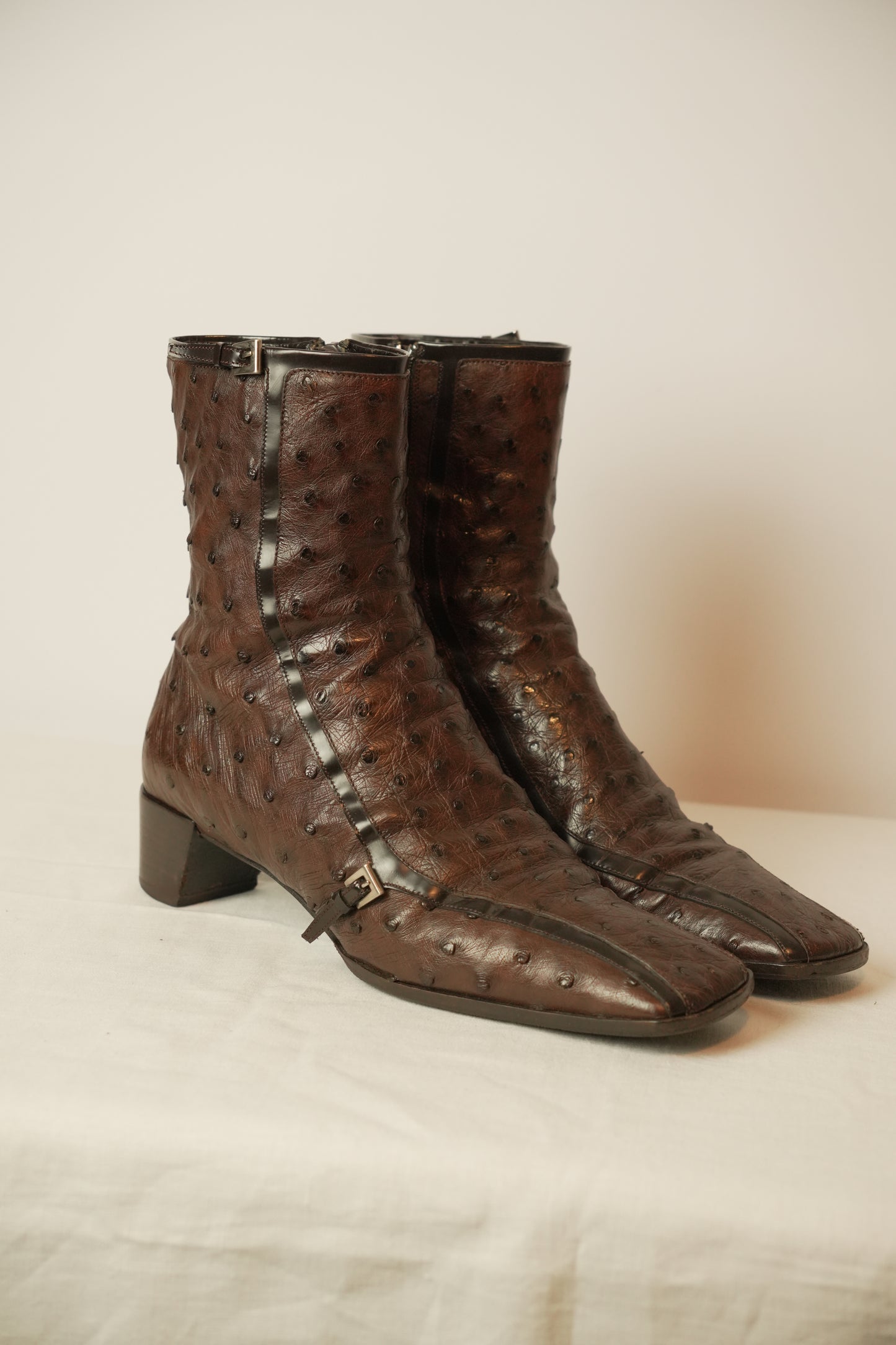 Prada Ostrich Brown Leather Boots Sz 8 SS2000