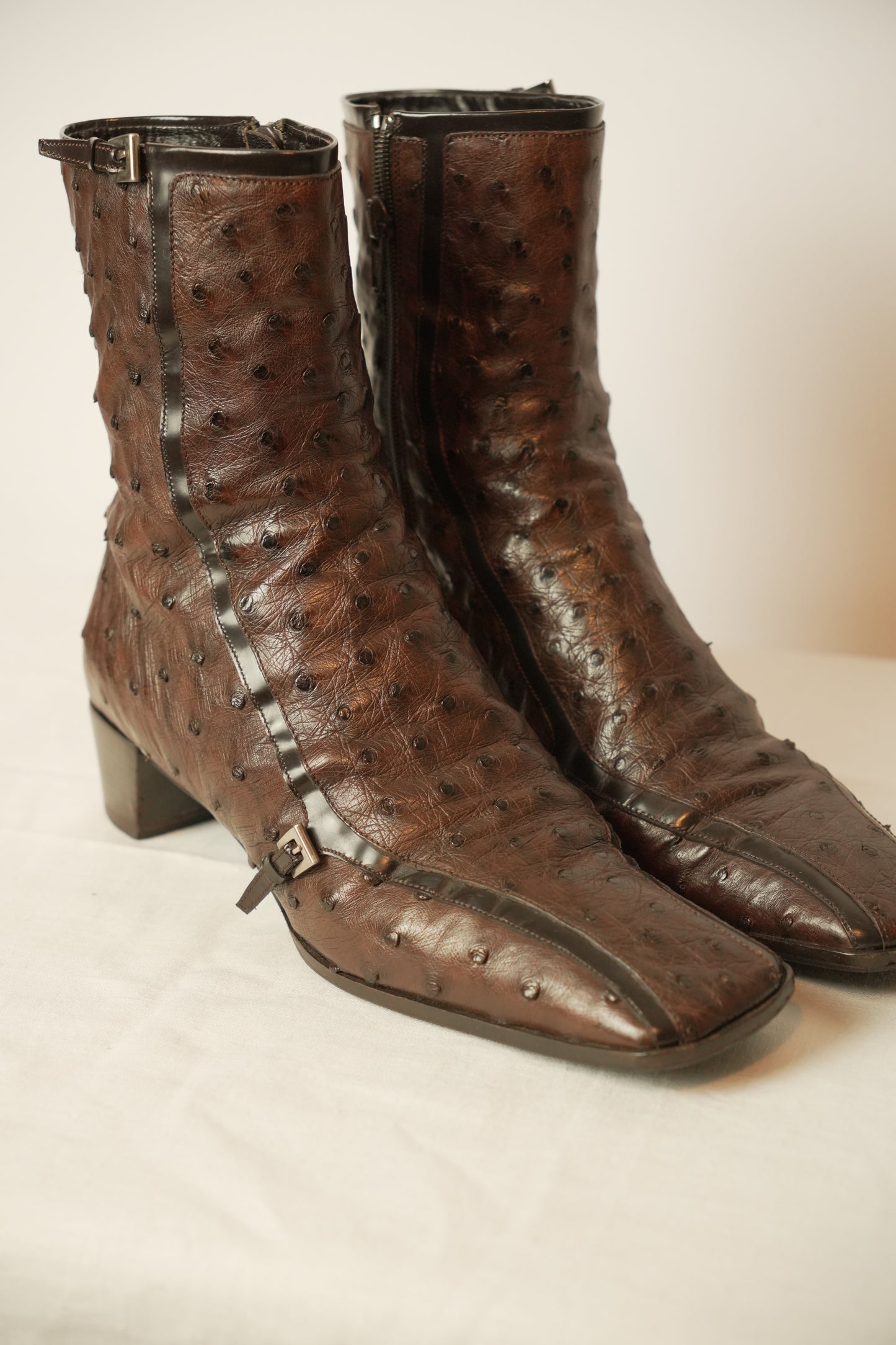 Prada Ostrich Brown Leather Boots Sz 8 SS2000