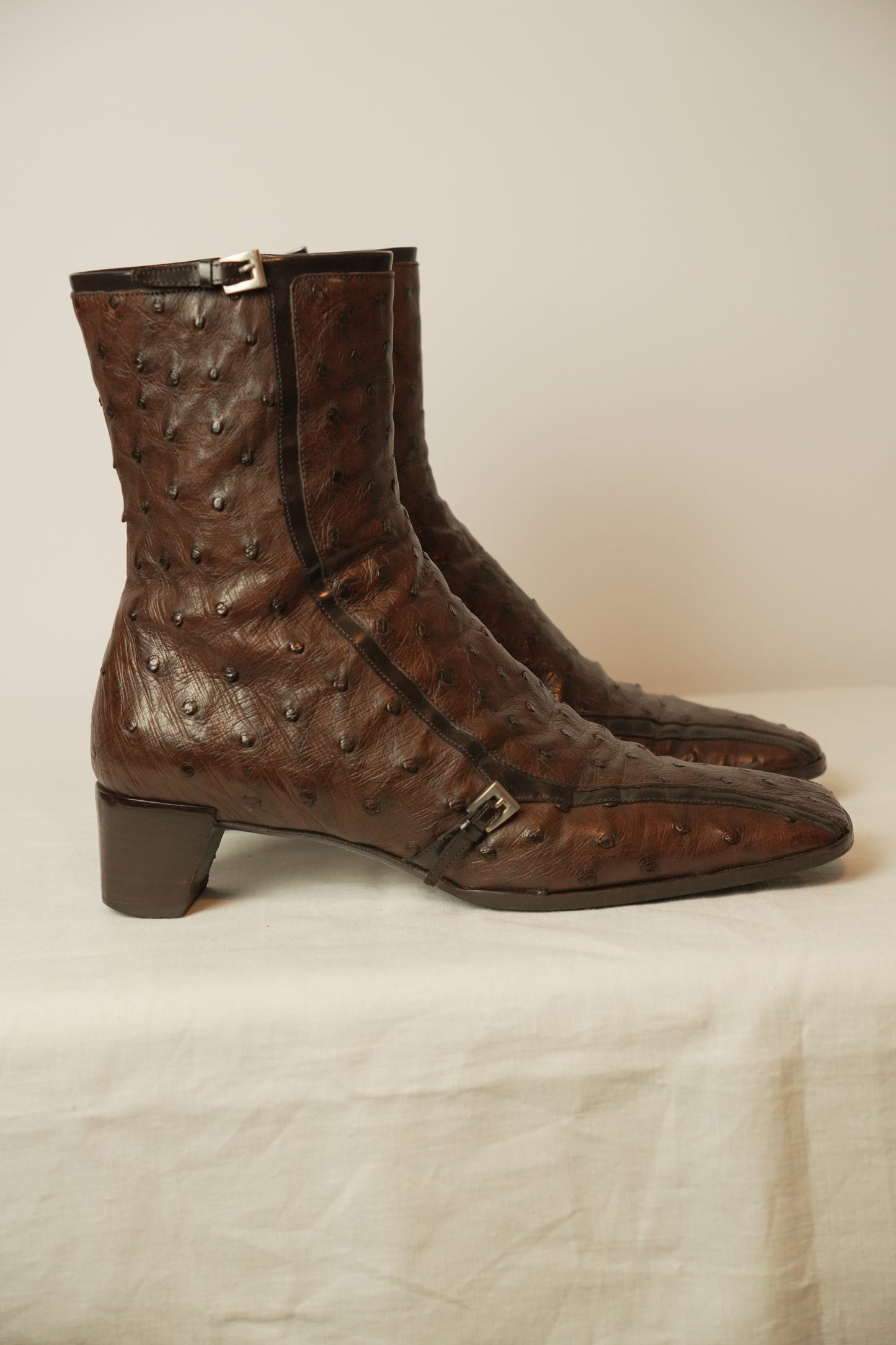 Prada Ostrich Brown Leather Boots Sz 8 SS2000