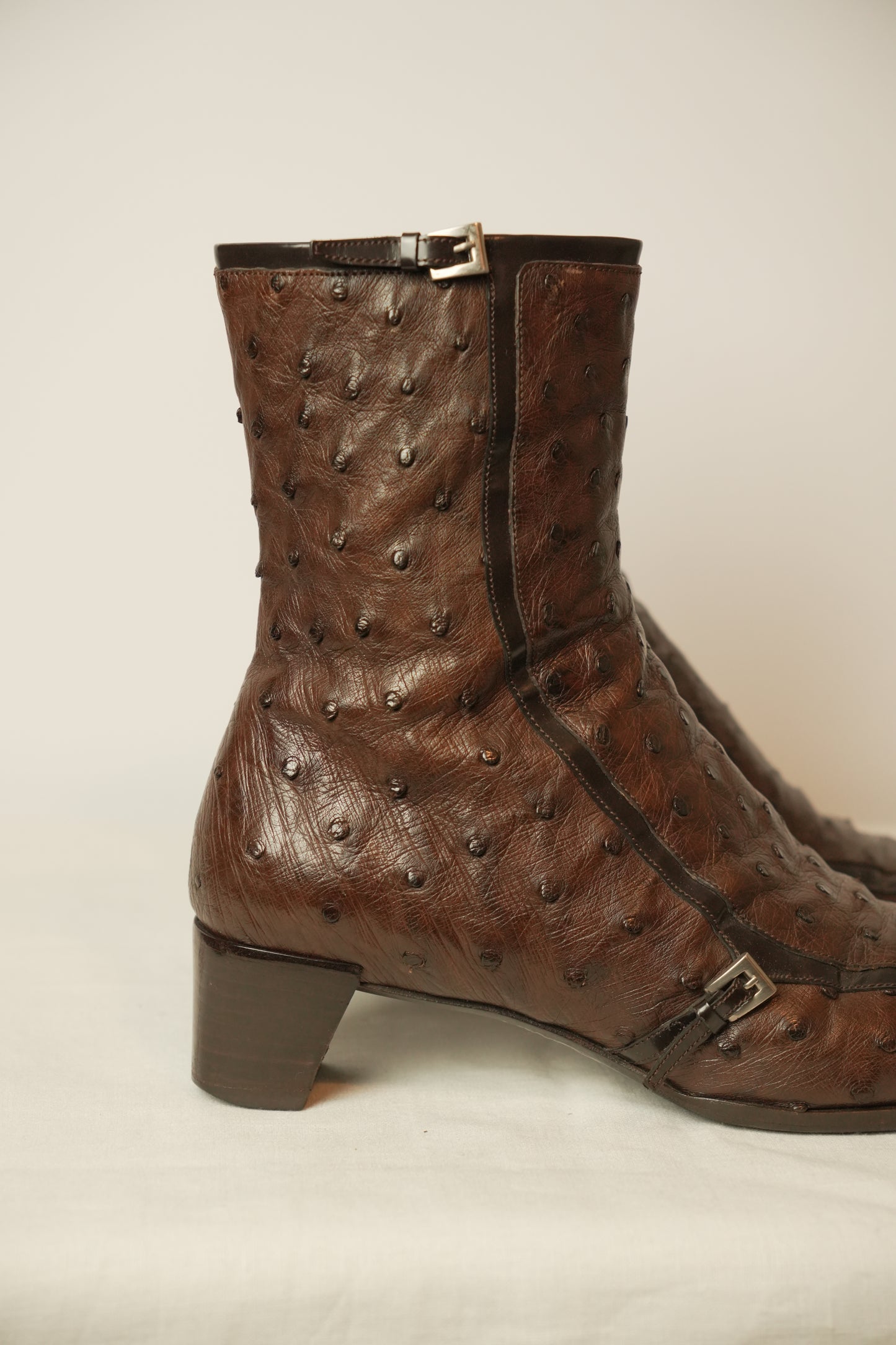 Prada Ostrich Brown Leather Boots Sz 8 SS2000