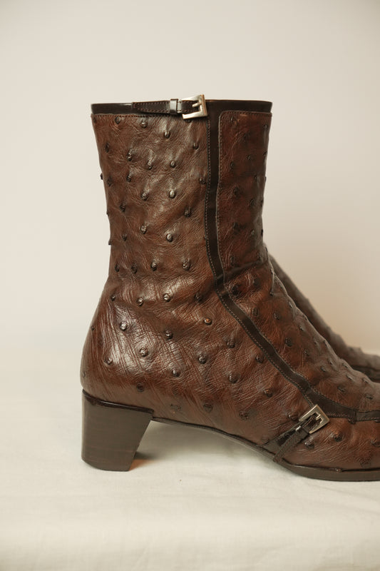 Prada Ostrich Brown Leather Boots Sz 8 SS2000