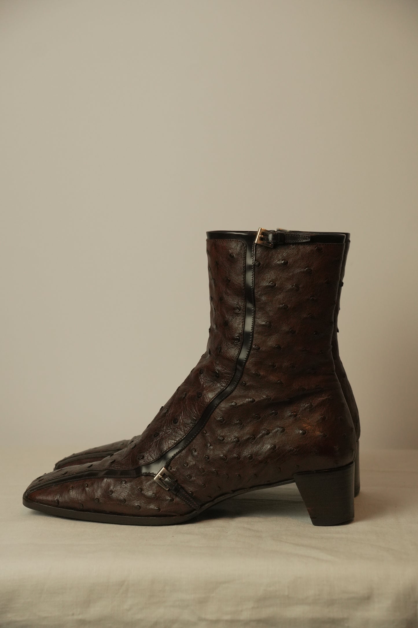 Prada Ostrich Brown Leather Boots Sz 8 SS2000