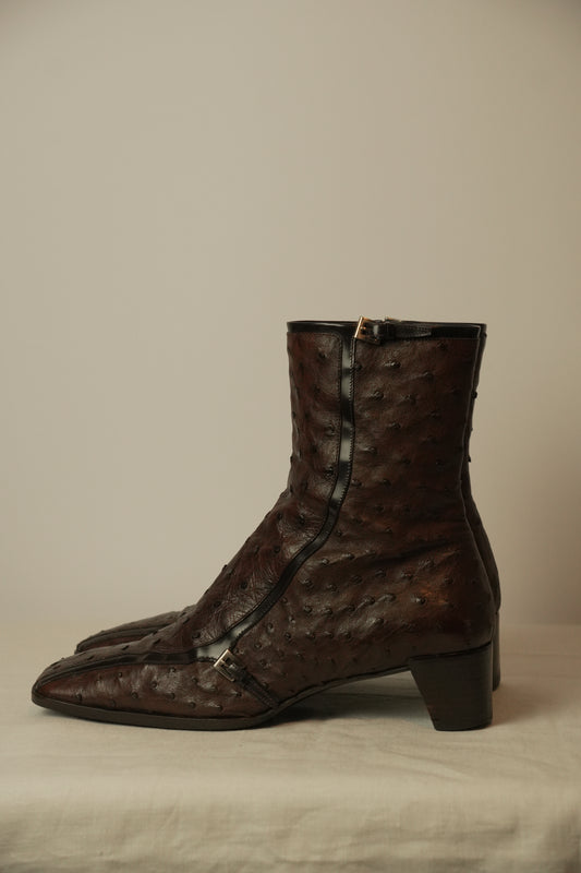 Prada Ostrich Brown Leather Boots Sz 8 SS2000